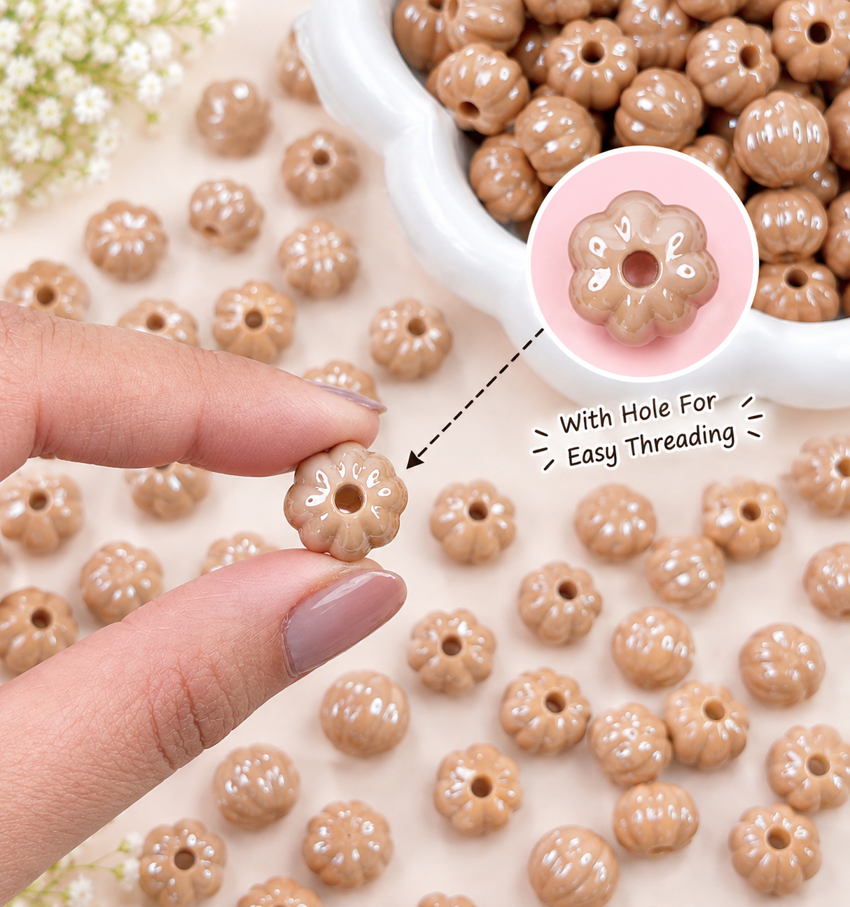 Pumpkin Shape Brown Beads - 15 Pcs