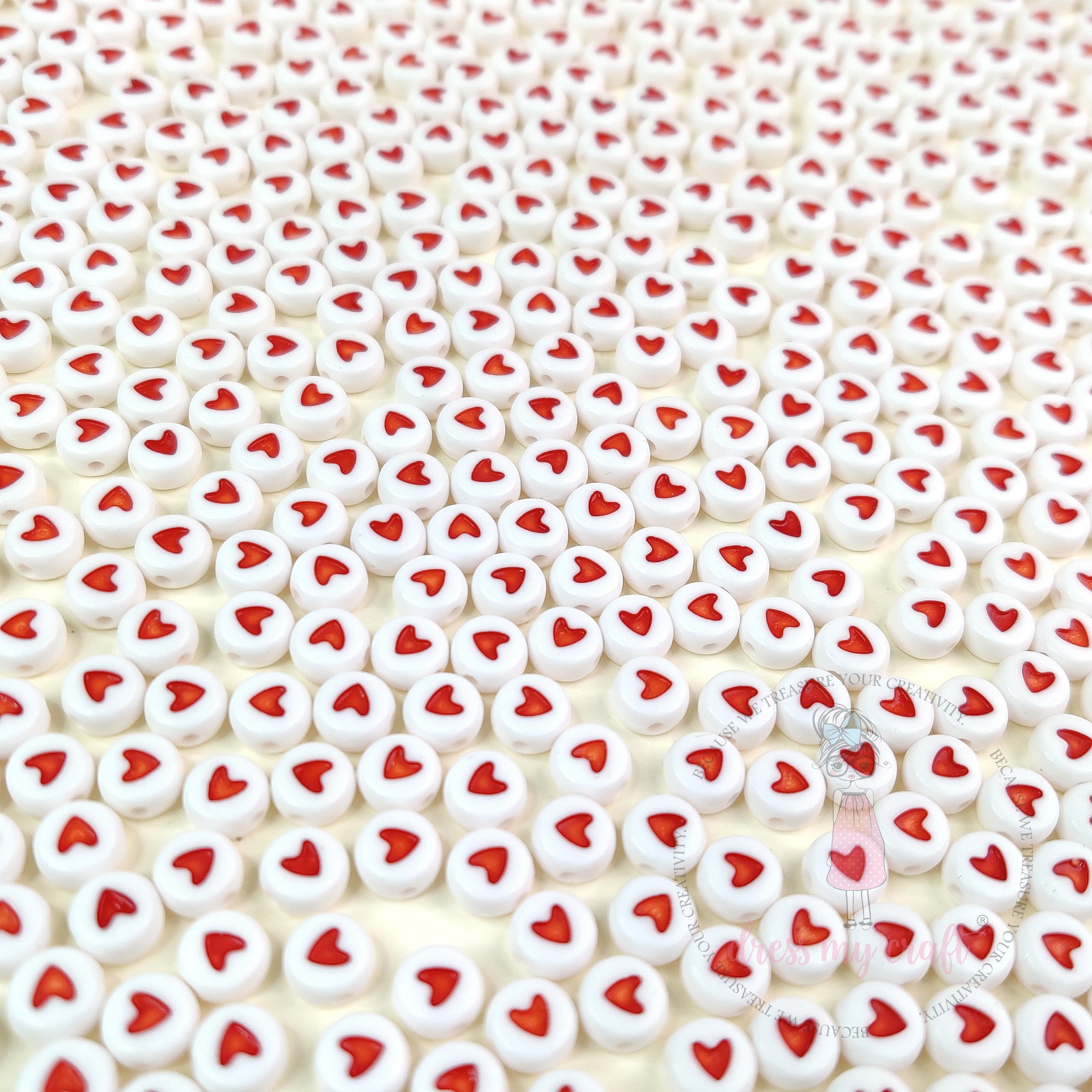 White Round Heart Beads