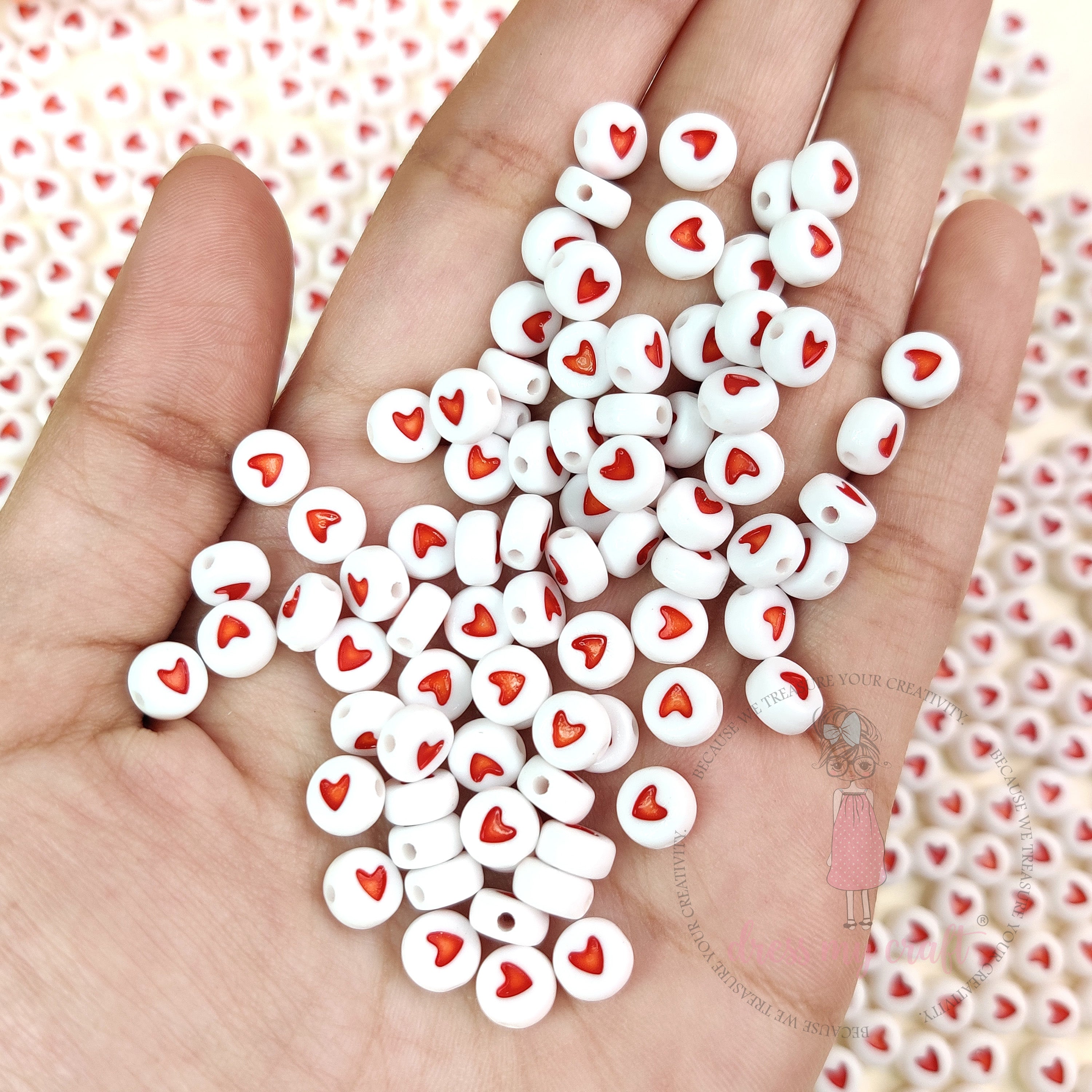 White Round Heart Beads