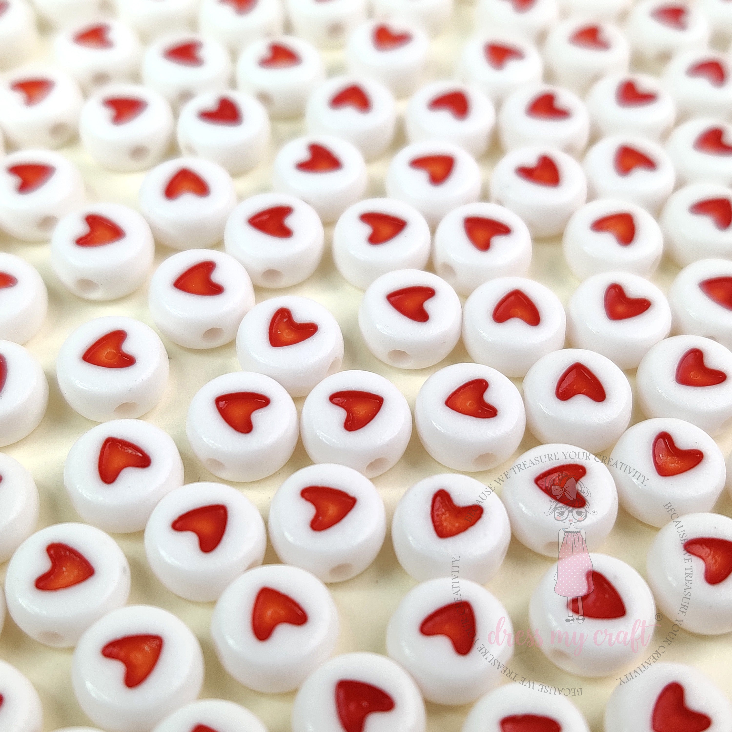 White Round Heart Beads