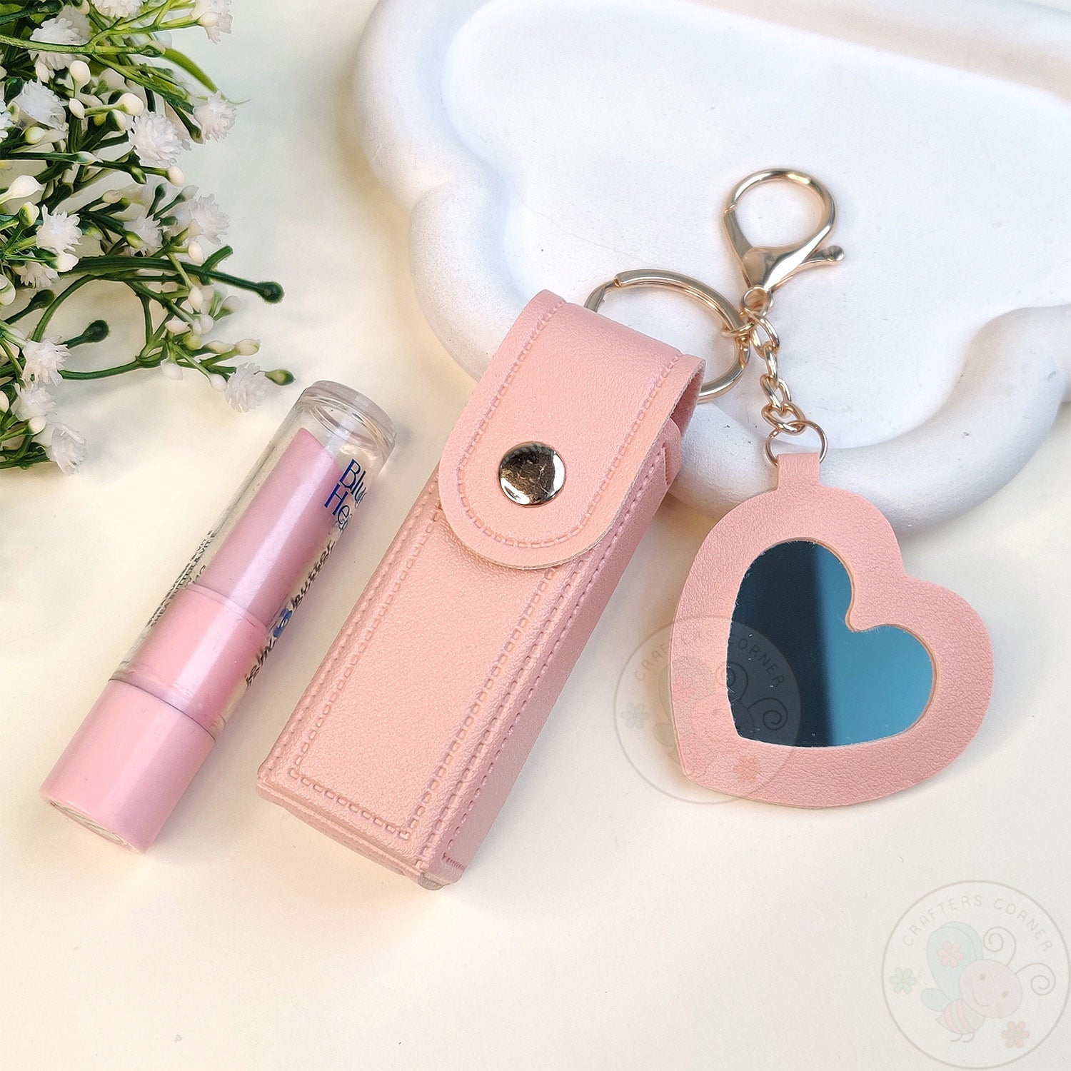 Leather Lipstick Case with Mirror - Pink