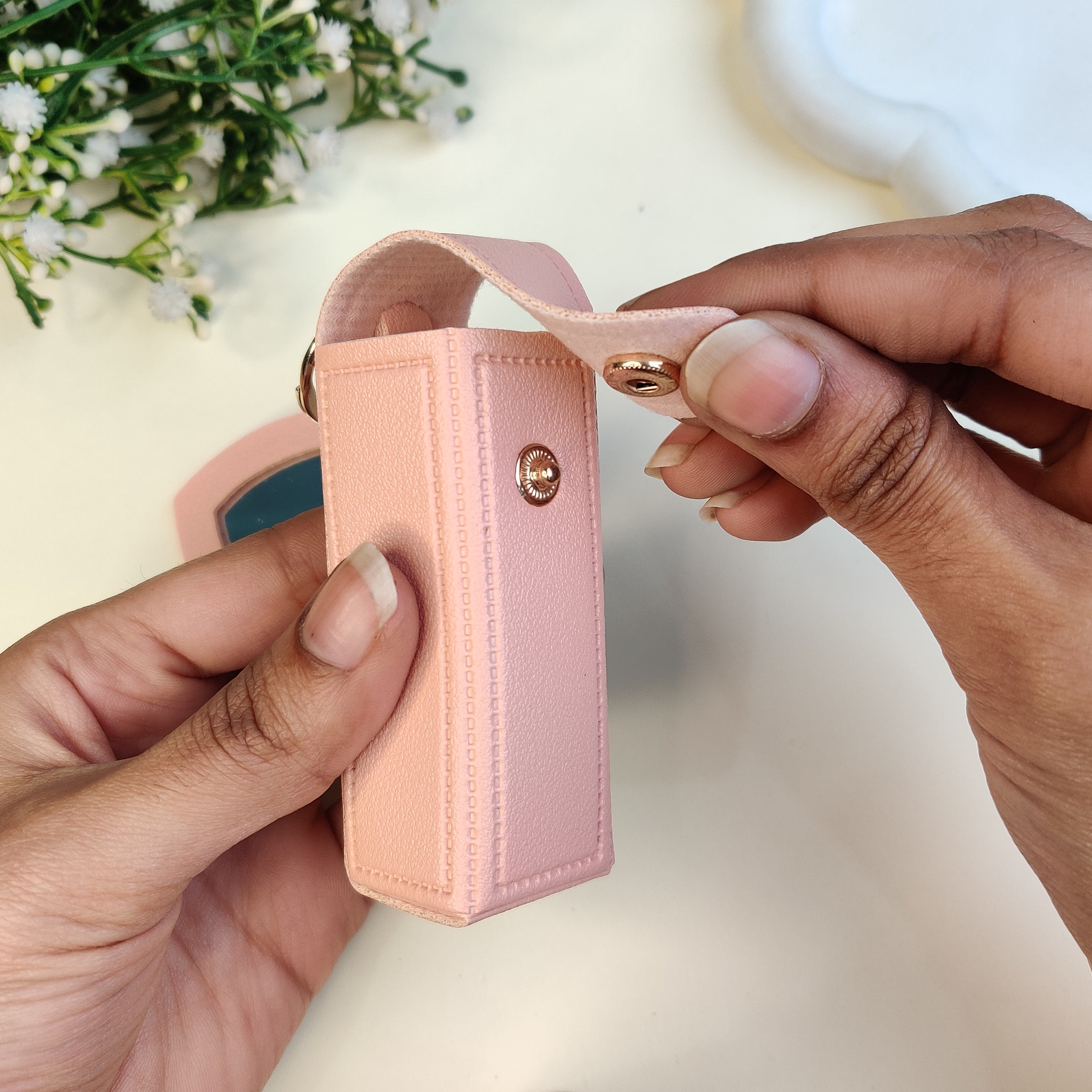 Leather Lipstick Case with Mirror - Pink