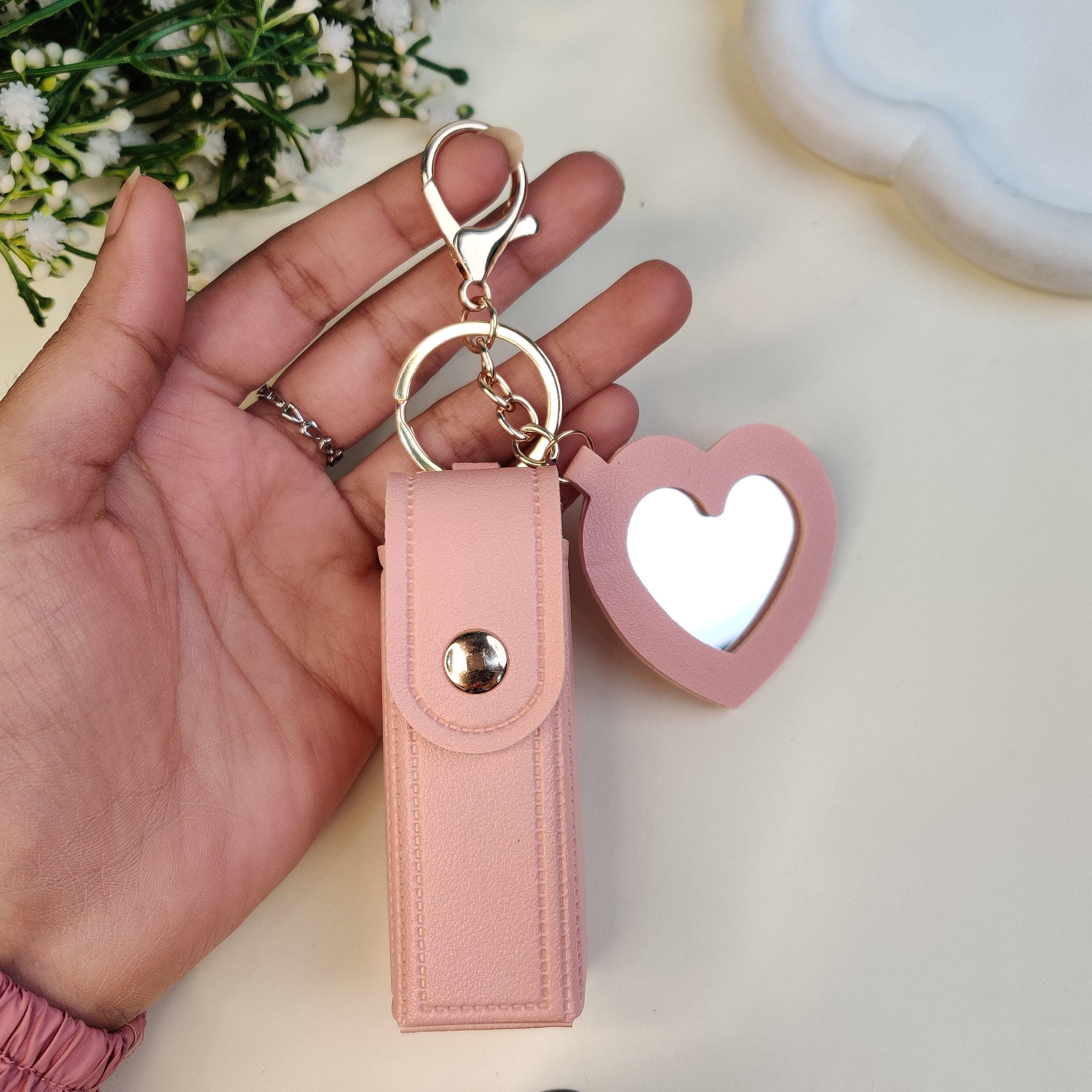 Leather Lipstick Case with Mirror - Pink