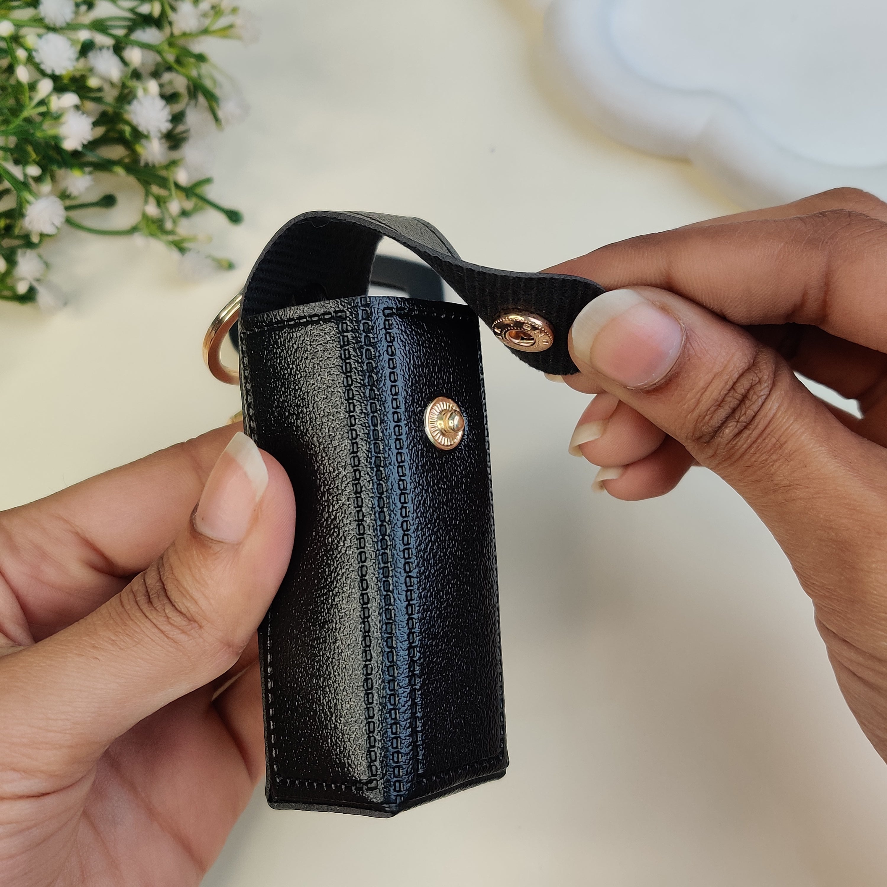 Leather Lipstick Case with Mirror - Black