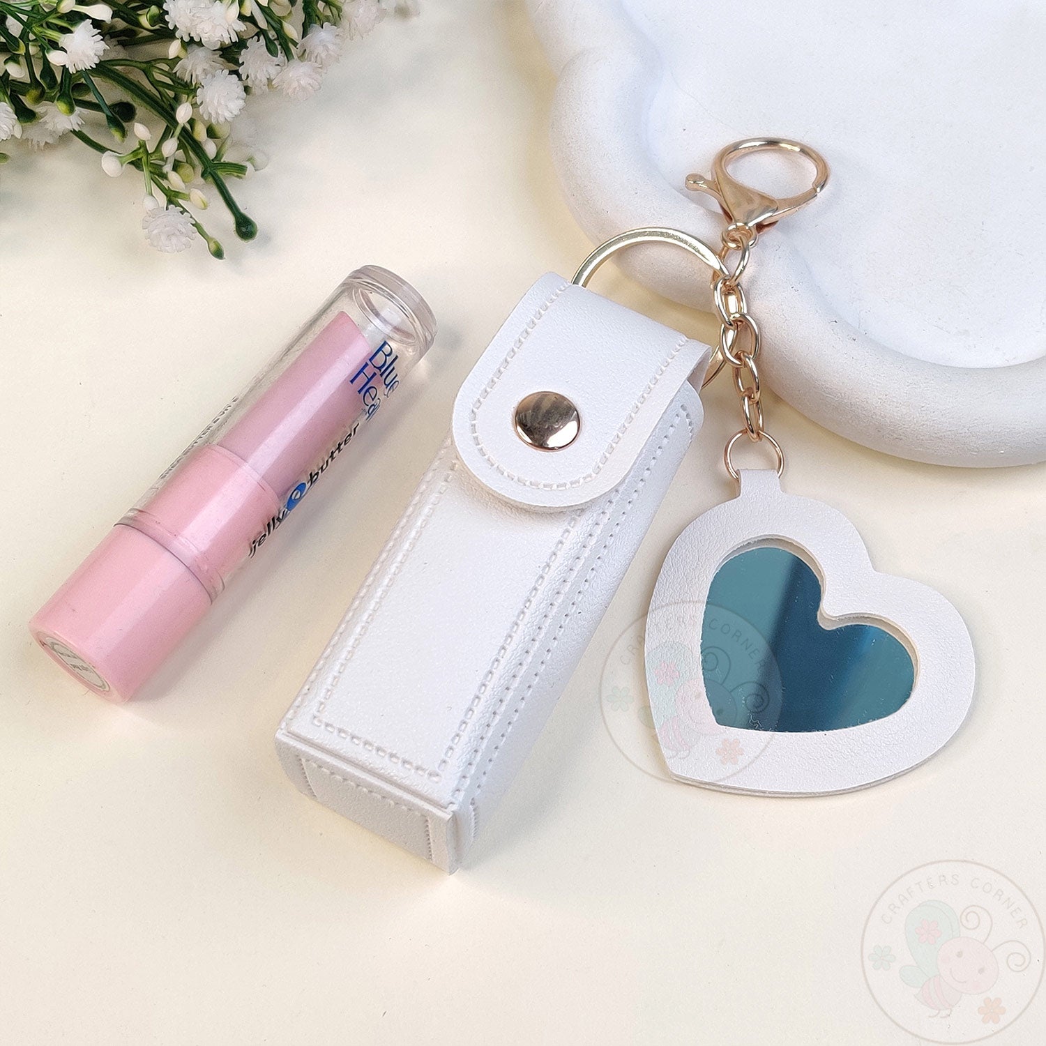 Leather Lipstick Case with Mirror - White