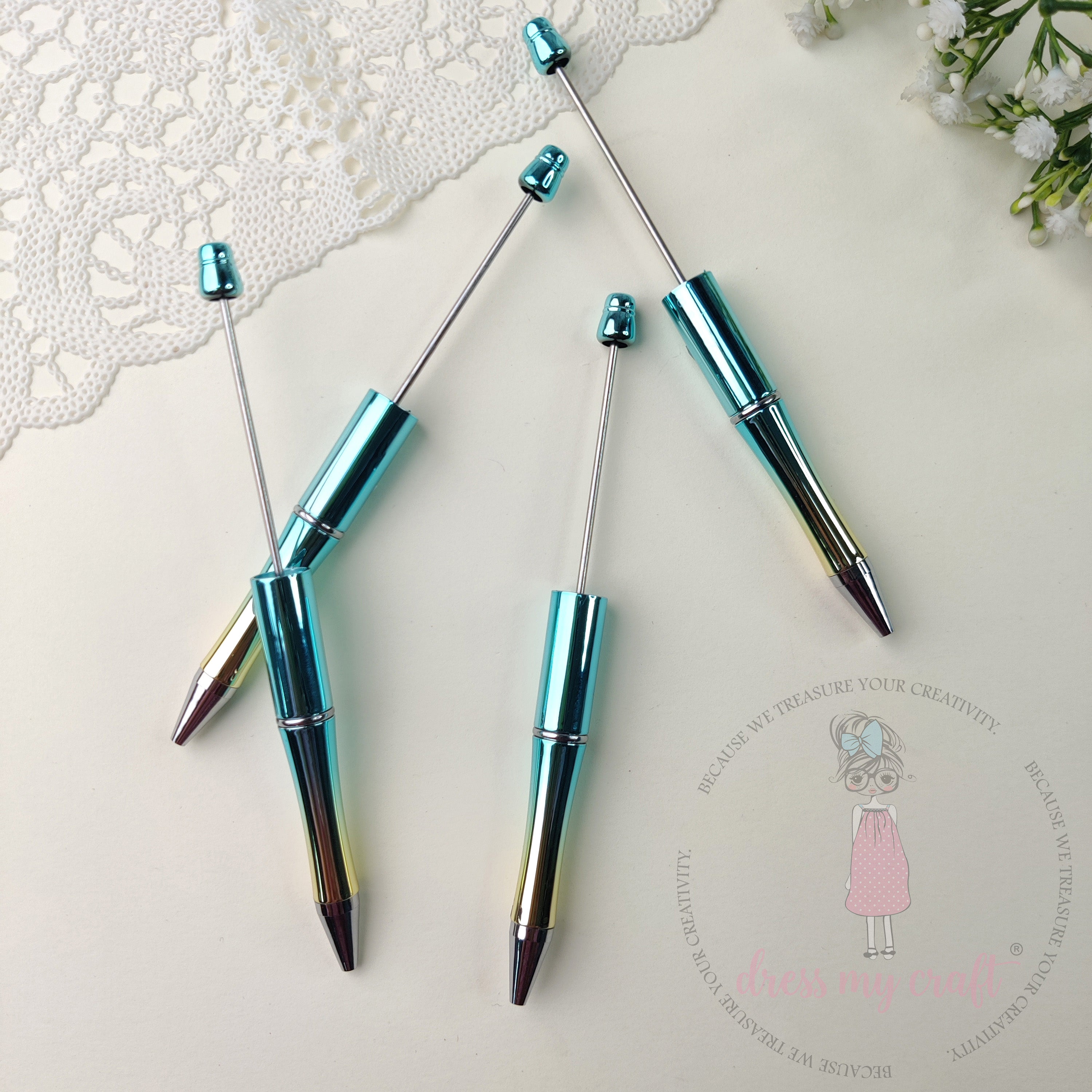 DIY Bead Pens - Metallic Cyan Blue, 4 Pcs