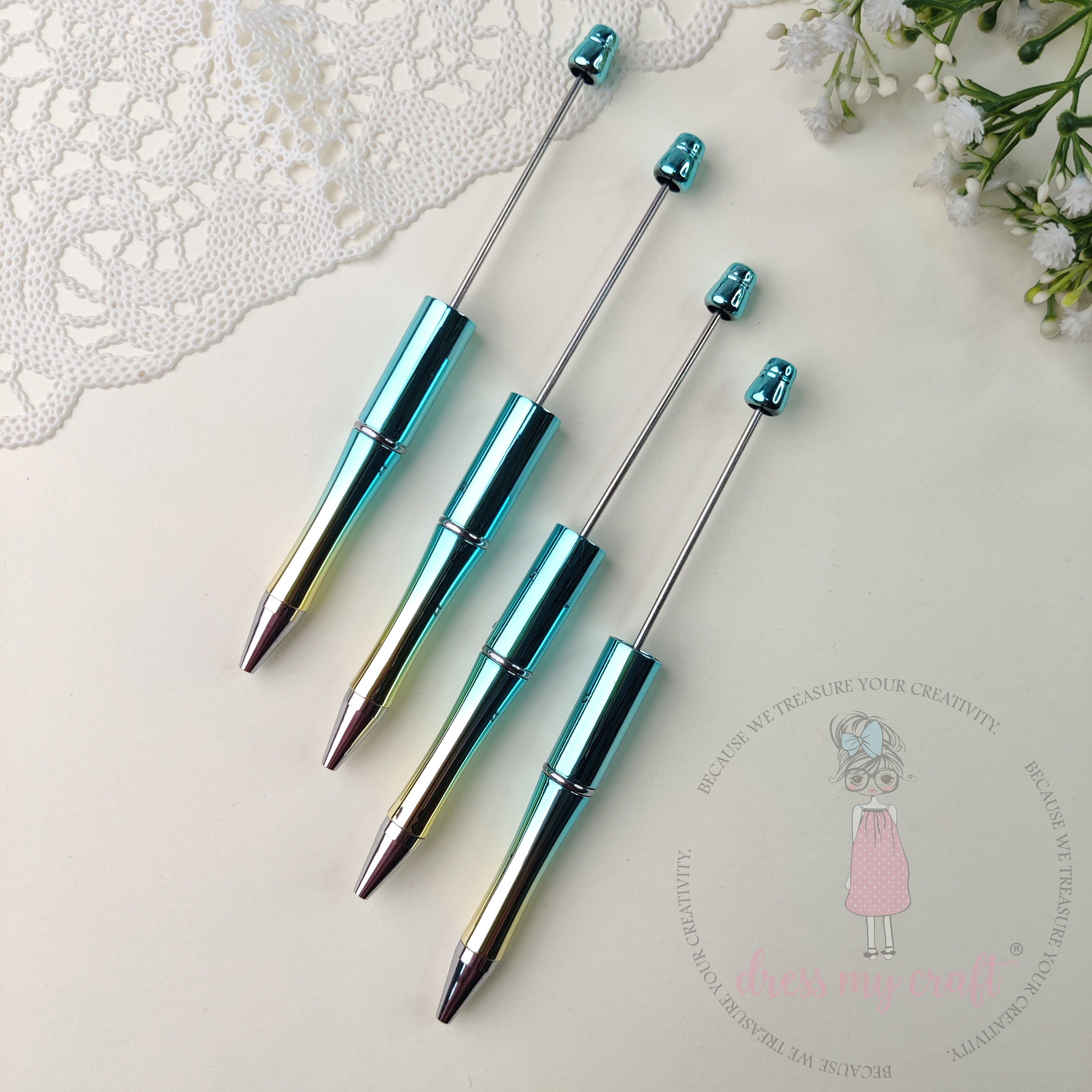 DIY Bead Pens - Metallic Cyan Blue, 4 Pcs