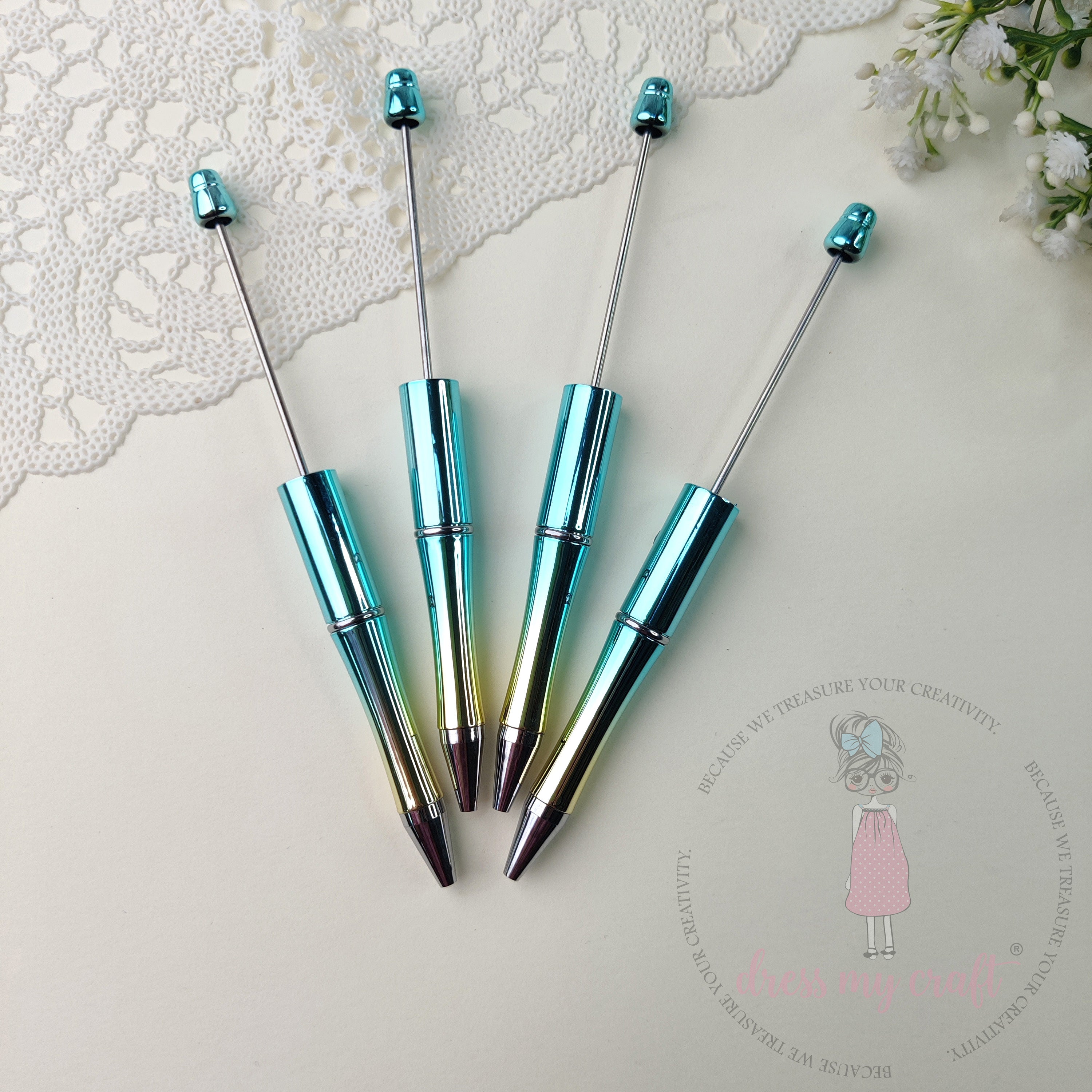DIY Bead Pens - Metallic Cyan Blue, 4 Pcs