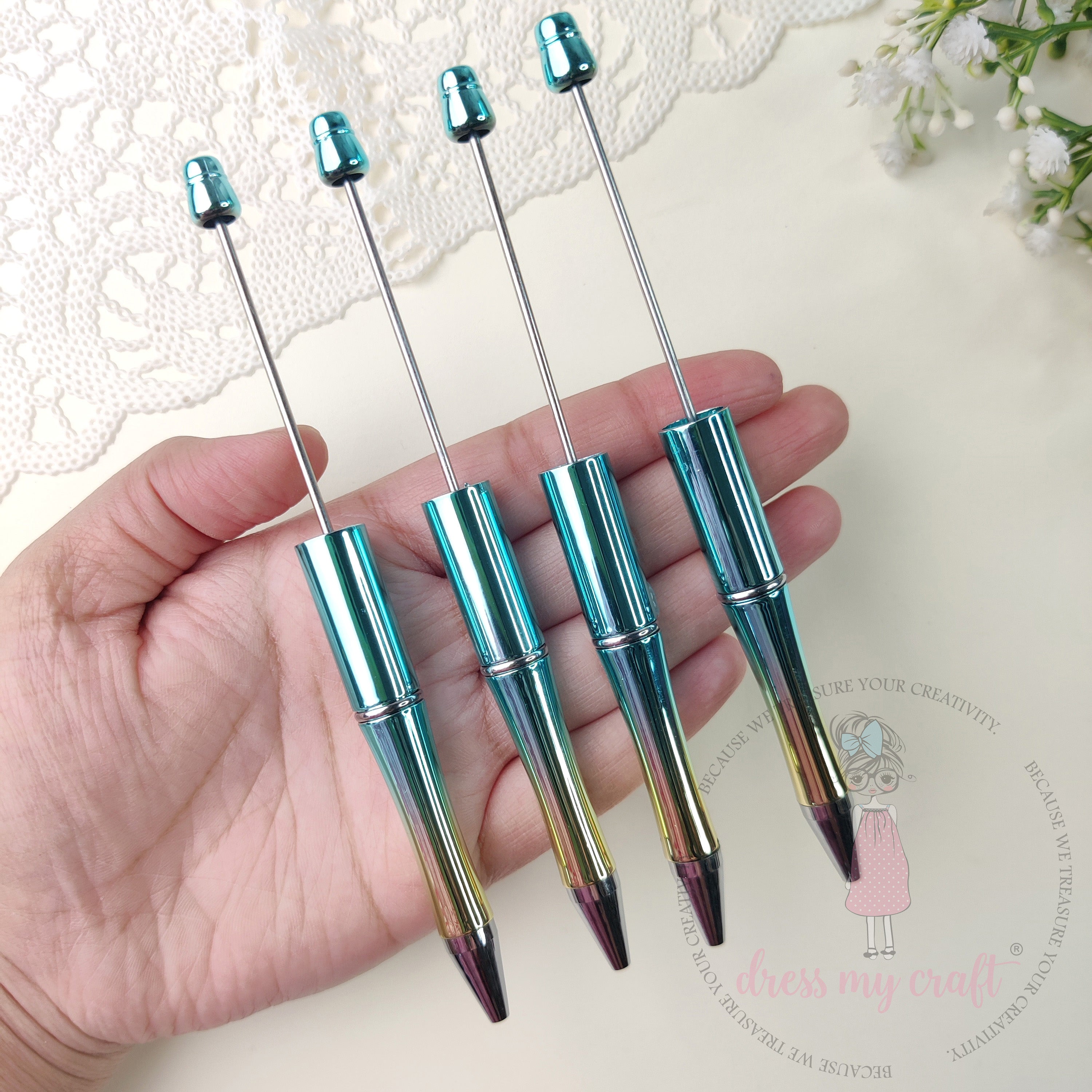 DIY Bead Pens - Metallic Cyan Blue, 4 Pcs