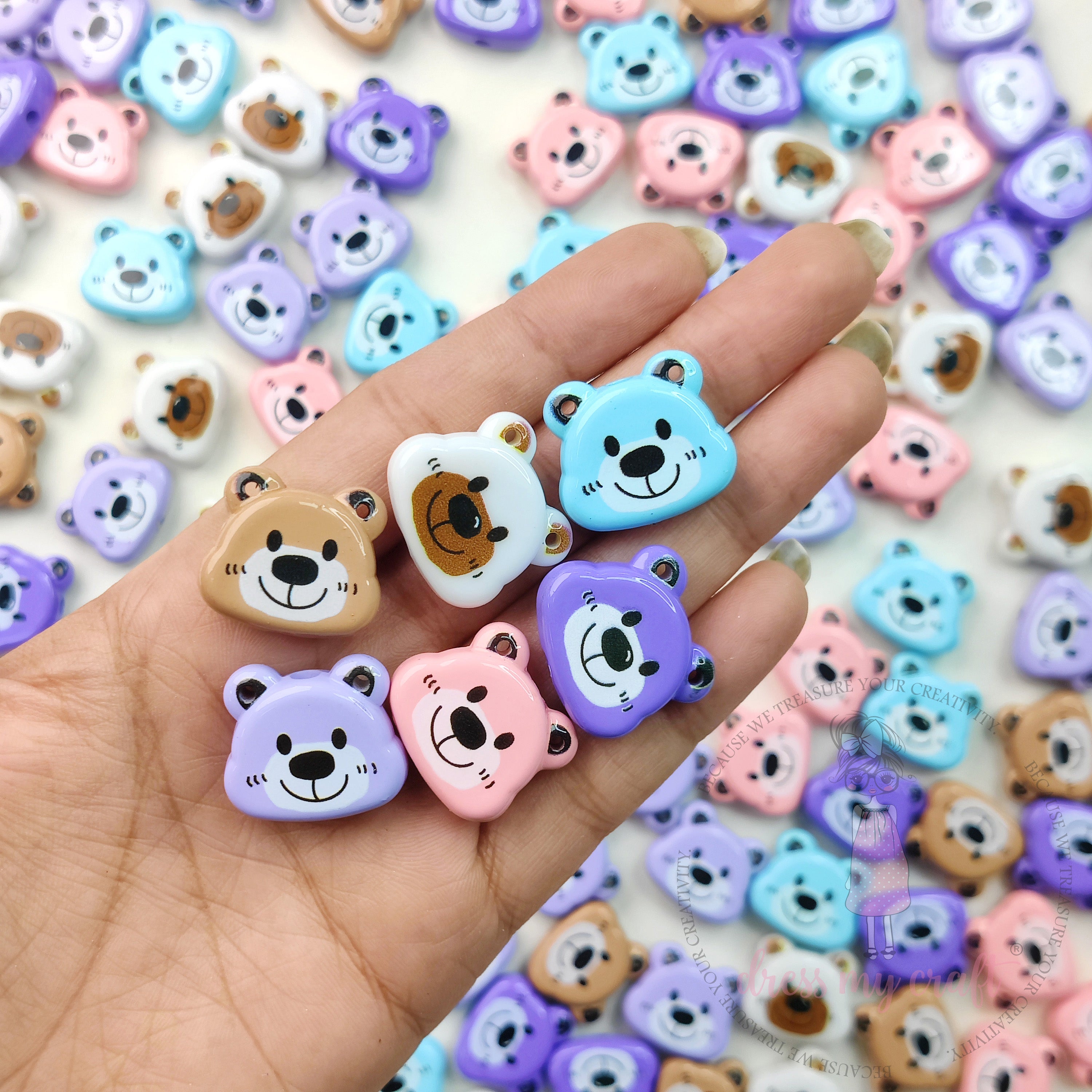 Multicolor Cute Bear Face Beads - 10 Pcs