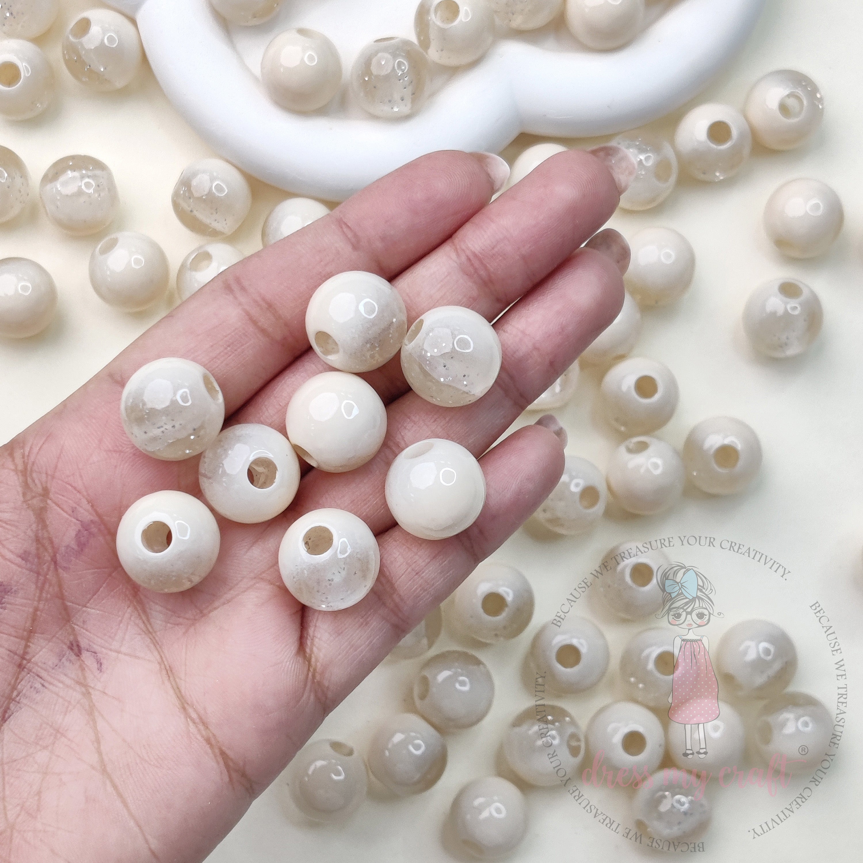 Marble Glitter Ivory Beads - 10 Pcs
