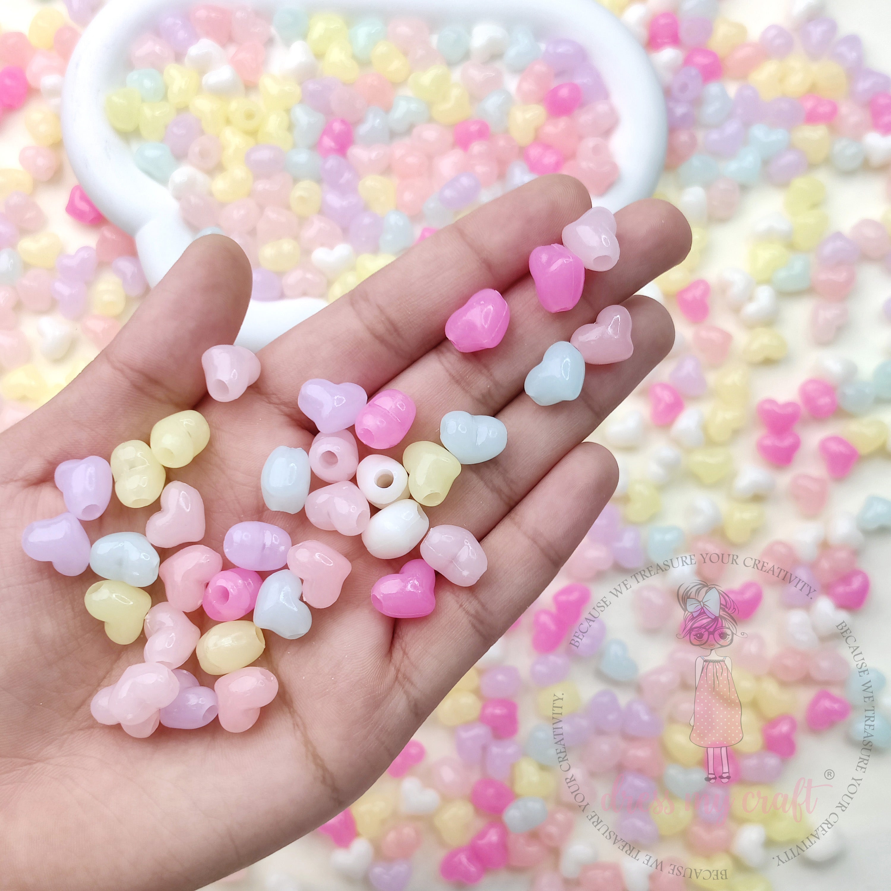 Pastel Colorful Jelly Heart Beads - 50 Gms