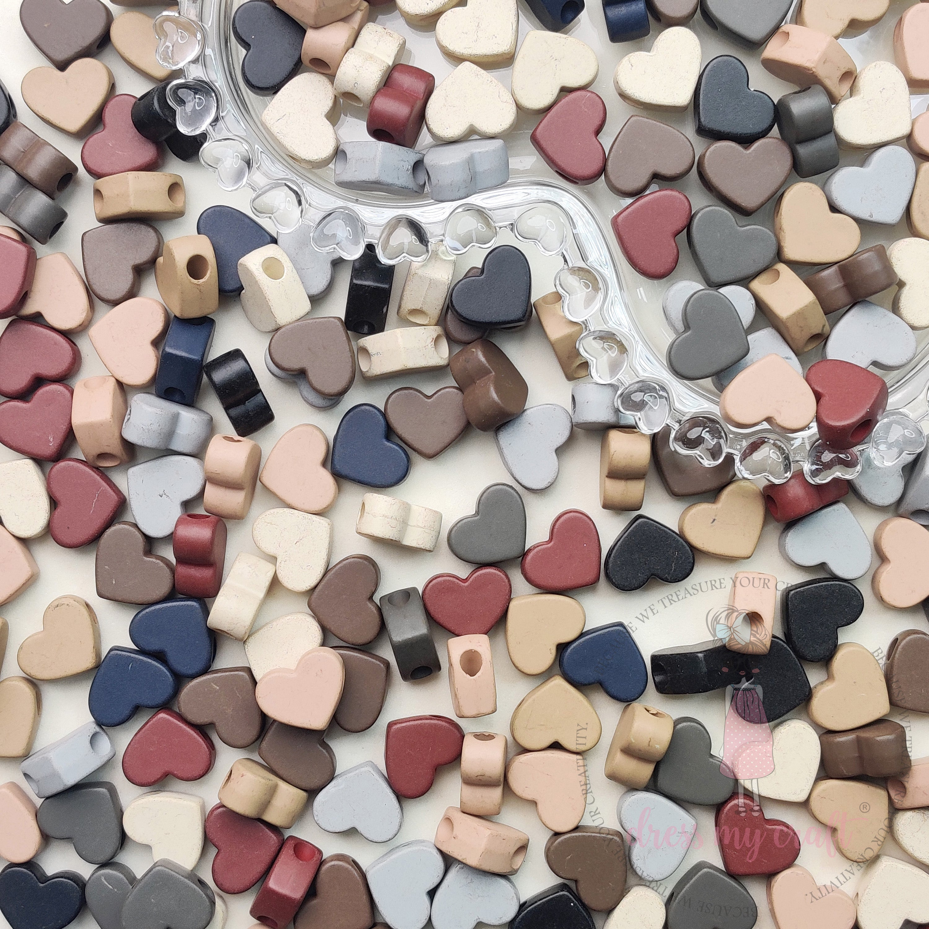Matt Earthy Tones Hearts Beads - 30 Pcs
