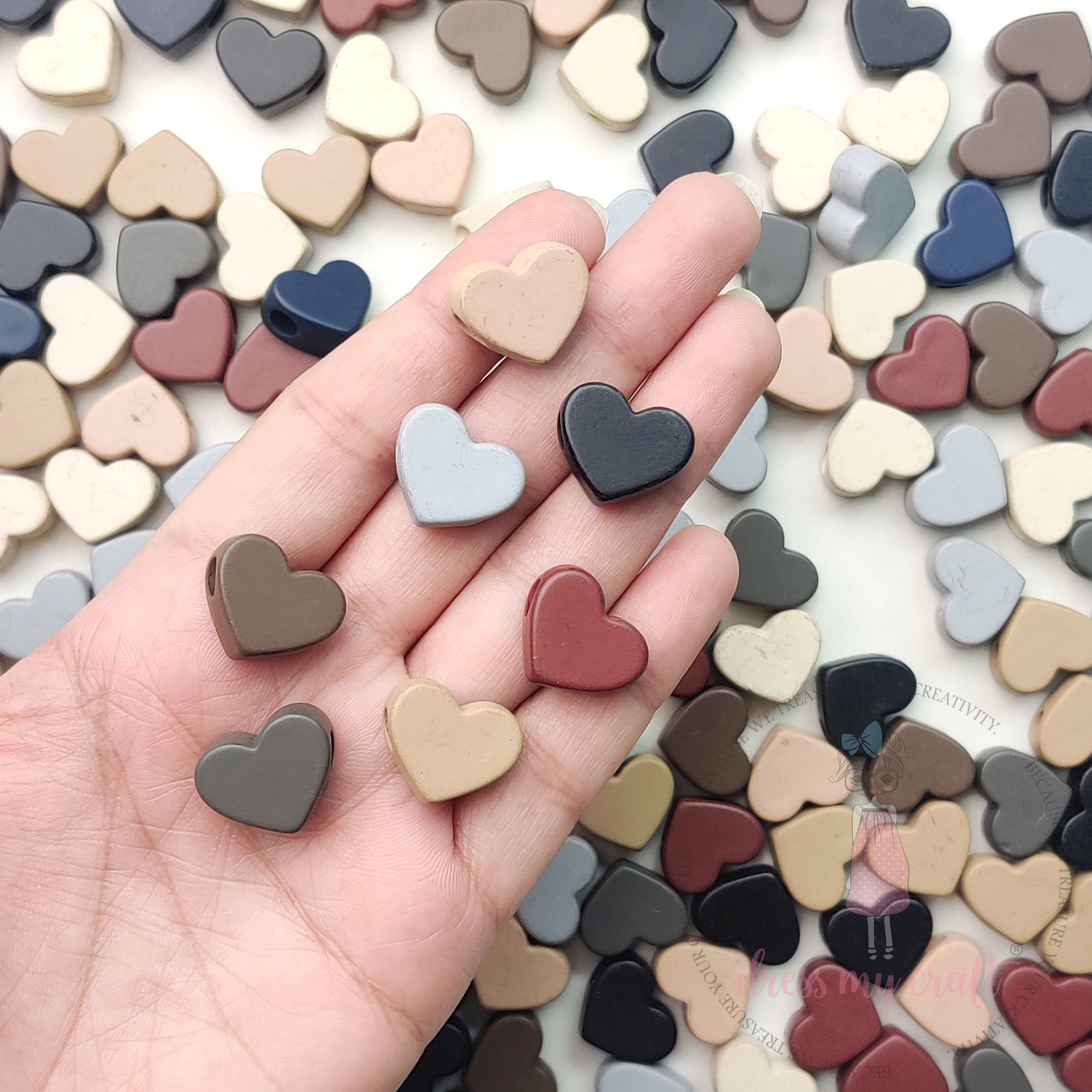 Matt Earthy Tones Hearts Beads - 30 Pcs