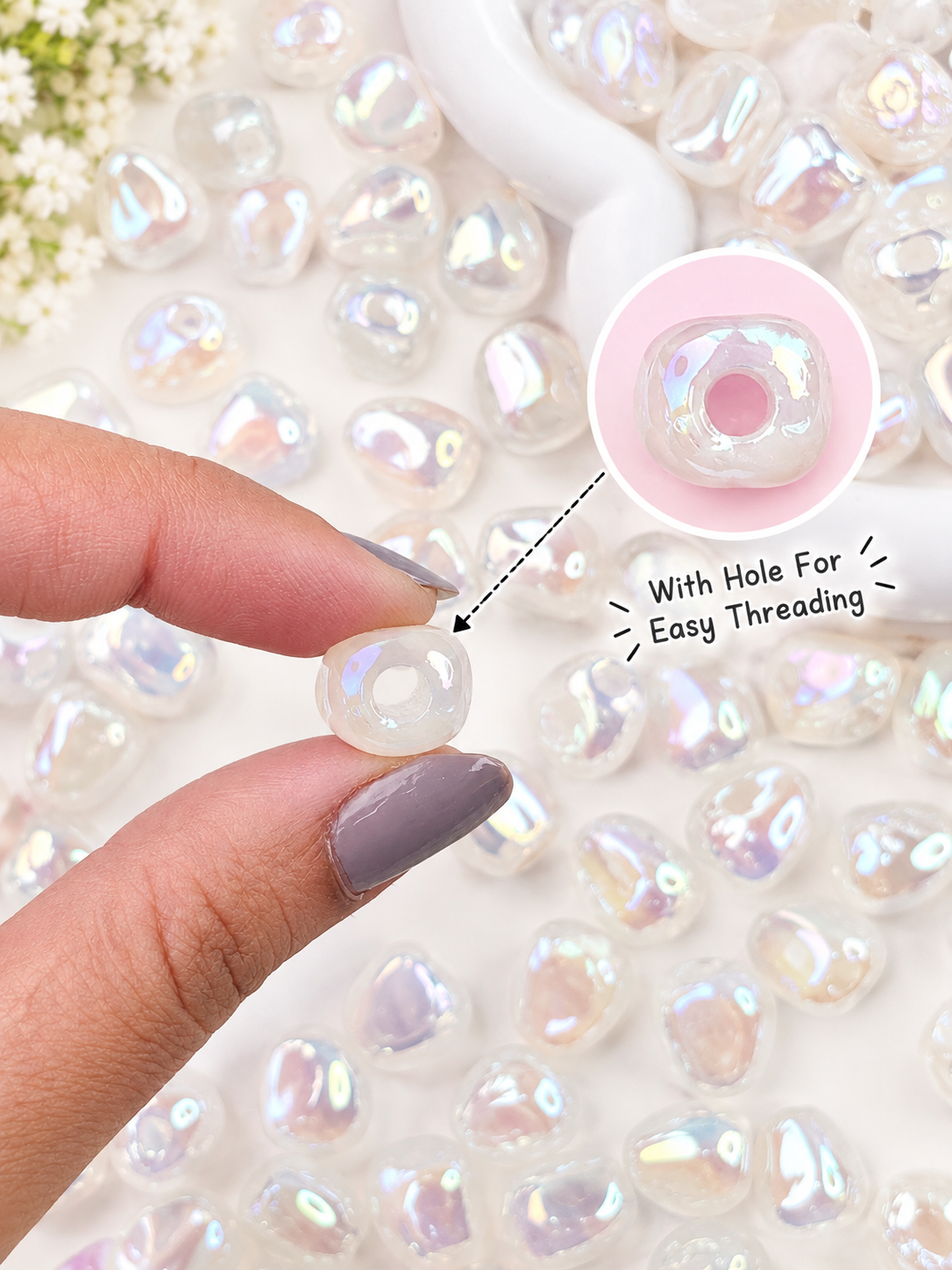 Holographic Pear Pearl Beads White - 15 Pcs