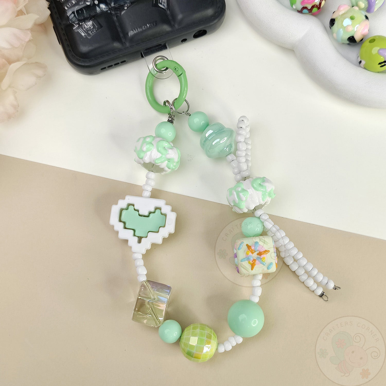 Handmade Kawaii Mobile Charm - Mint Pixel Heart