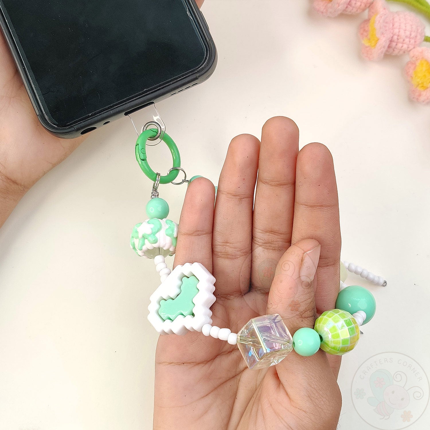 Handmade Kawaii Mobile Charm - Mint Pixel Heart