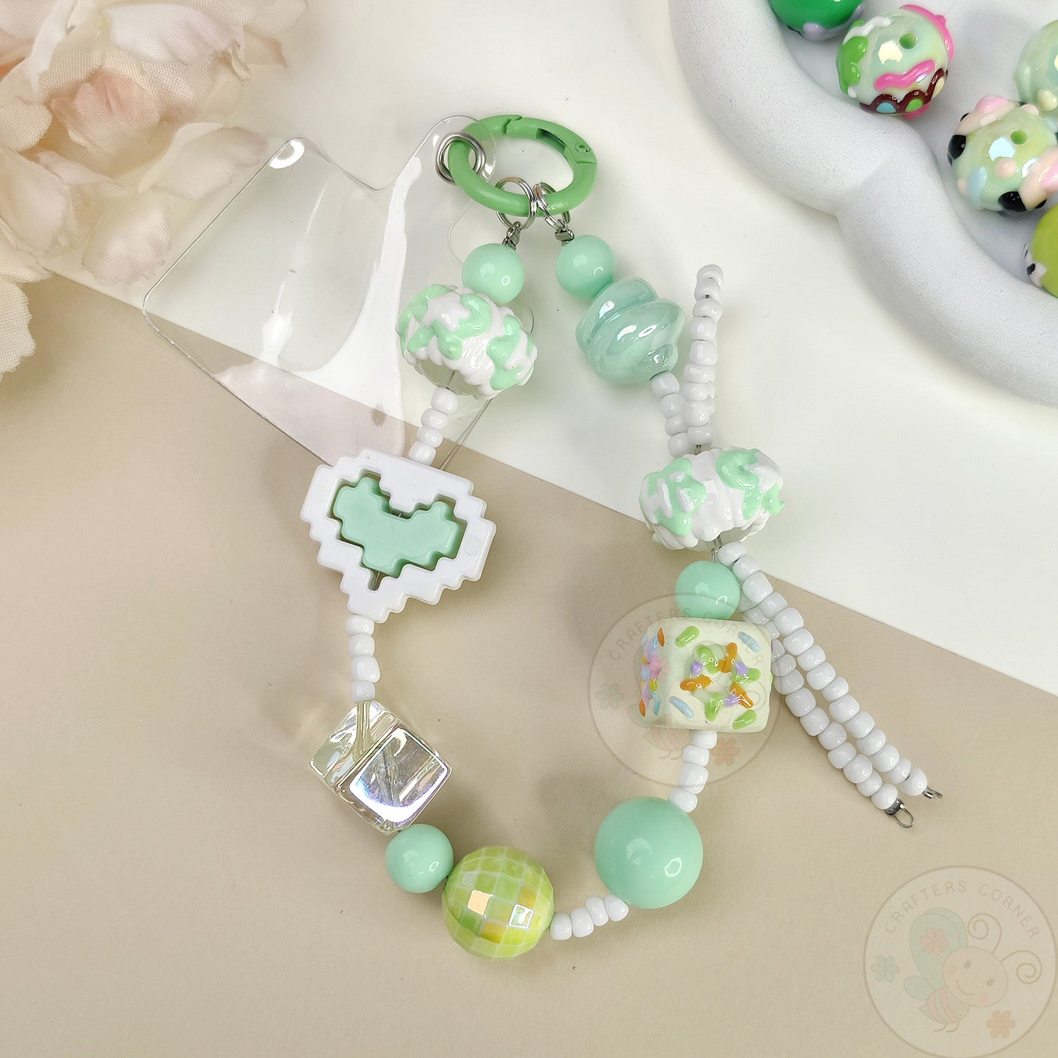 Handmade Kawaii Mobile Charm - Mint Pixel Heart