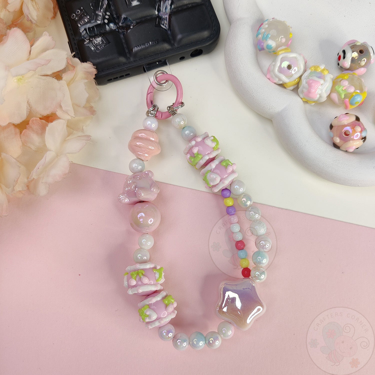 Handmade Kawaii Mobile Charm - Pink Starry Bear