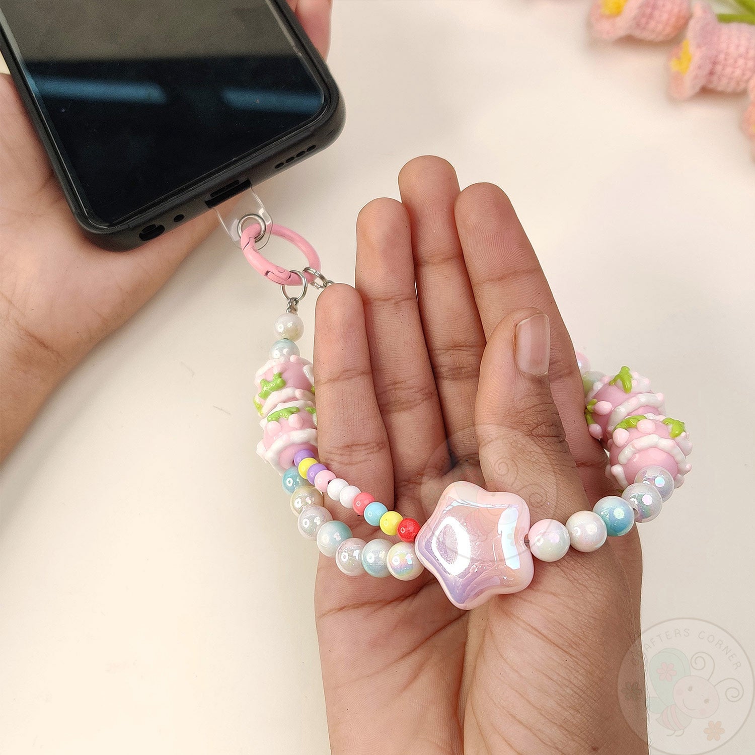 Handmade Kawaii Mobile Charm - Pink Starry Bear