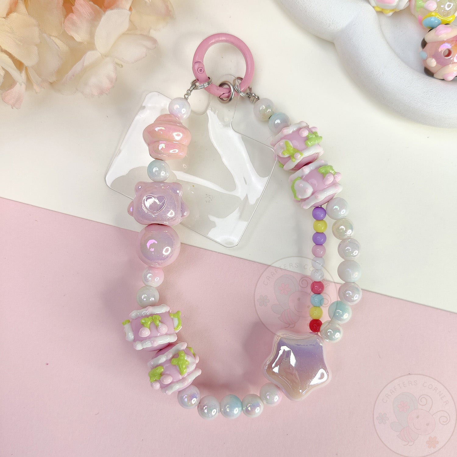 Handmade Kawaii Mobile Charm - Pink Starry Bear