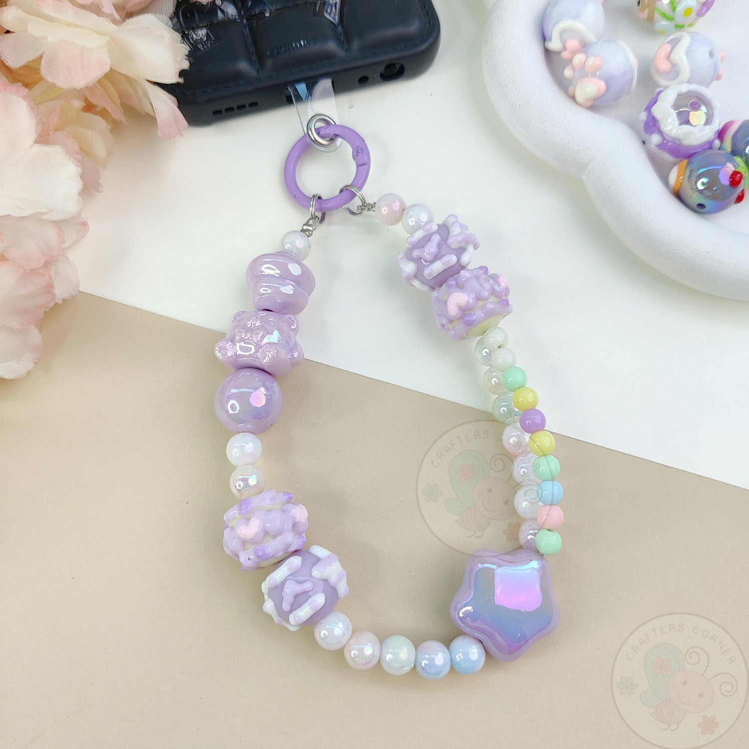 Handmade Kawaii Mobile Charm - Purple Starry Bear