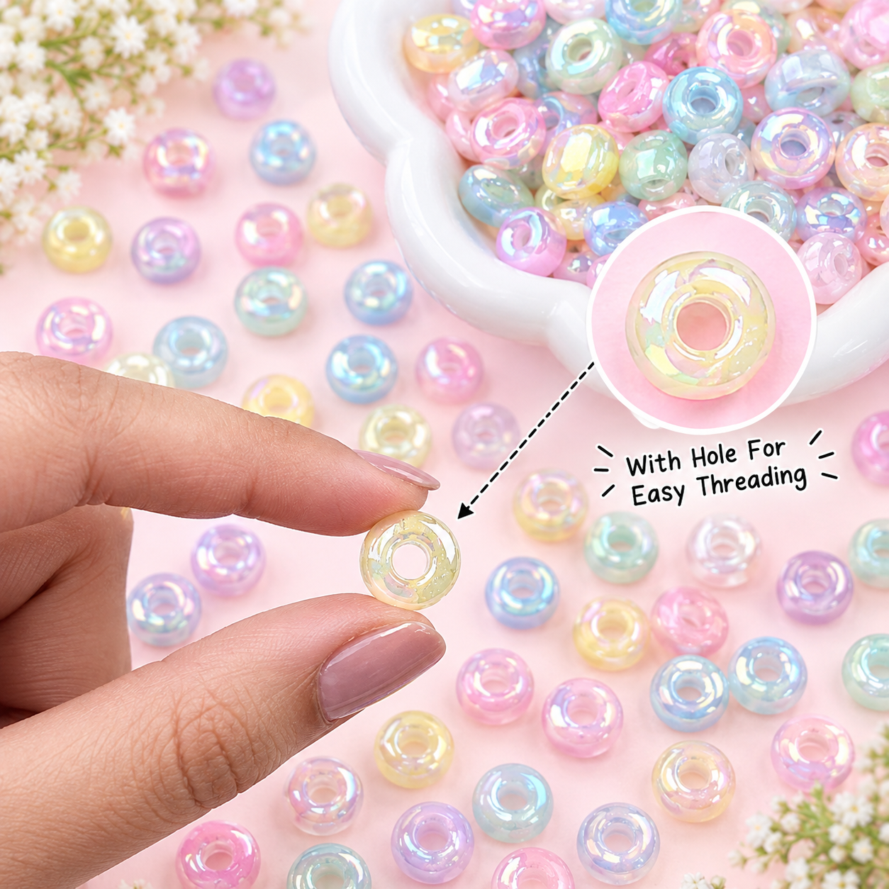Multicolor Holographic Round Ring Beads - 15 Pcs