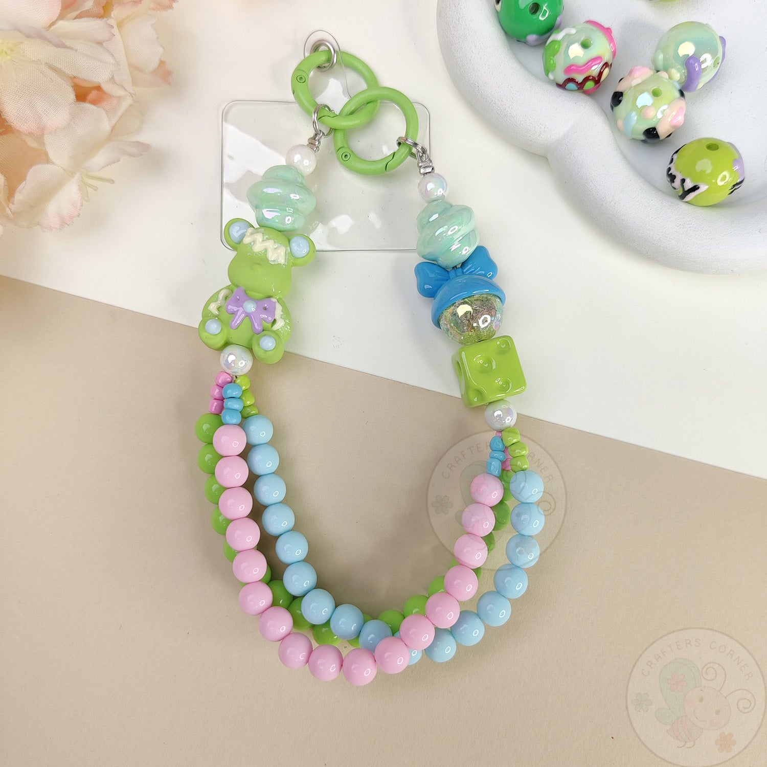 Handmade Kawaii Mobile Charm - Rainbow Mint Bear