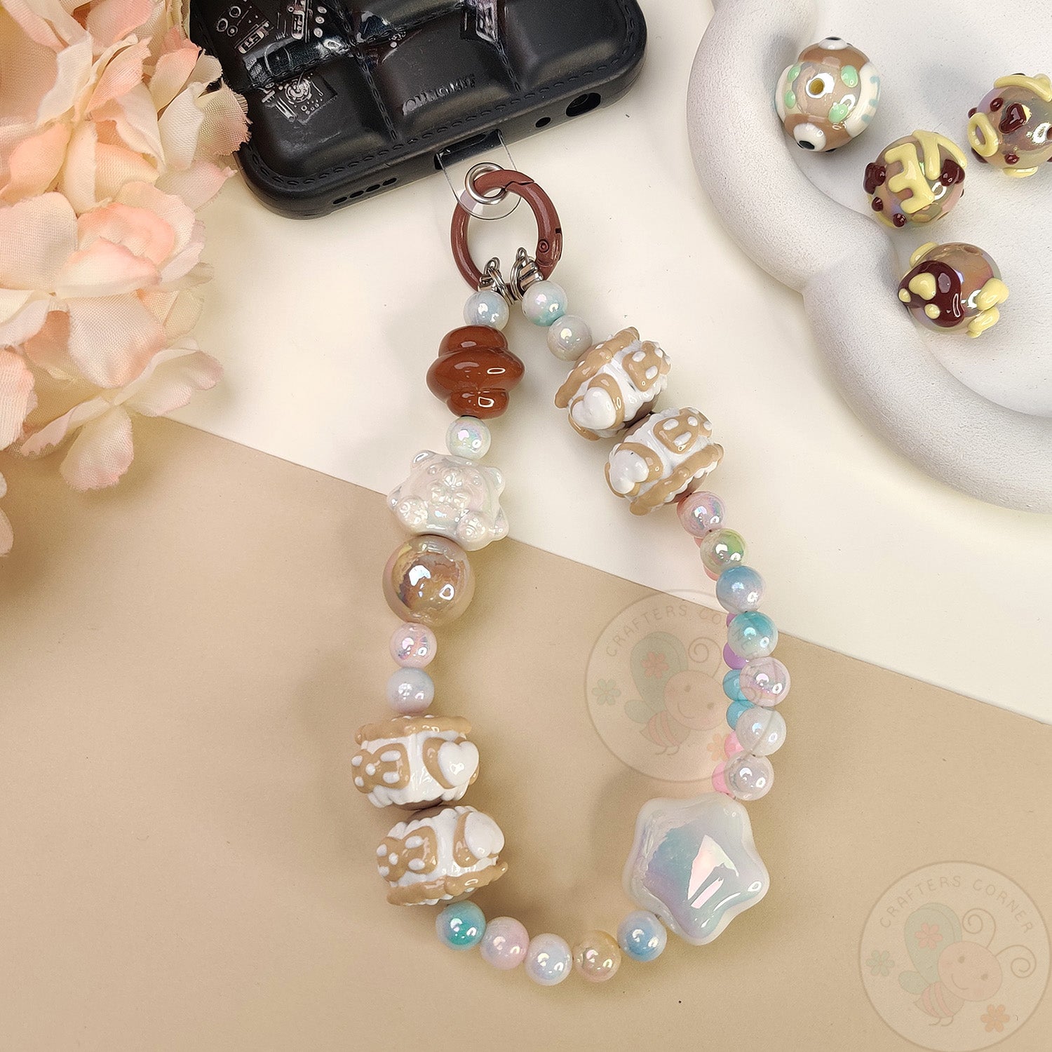 Handmade Kawaii Mobile Charm - Brown Starry Bear
