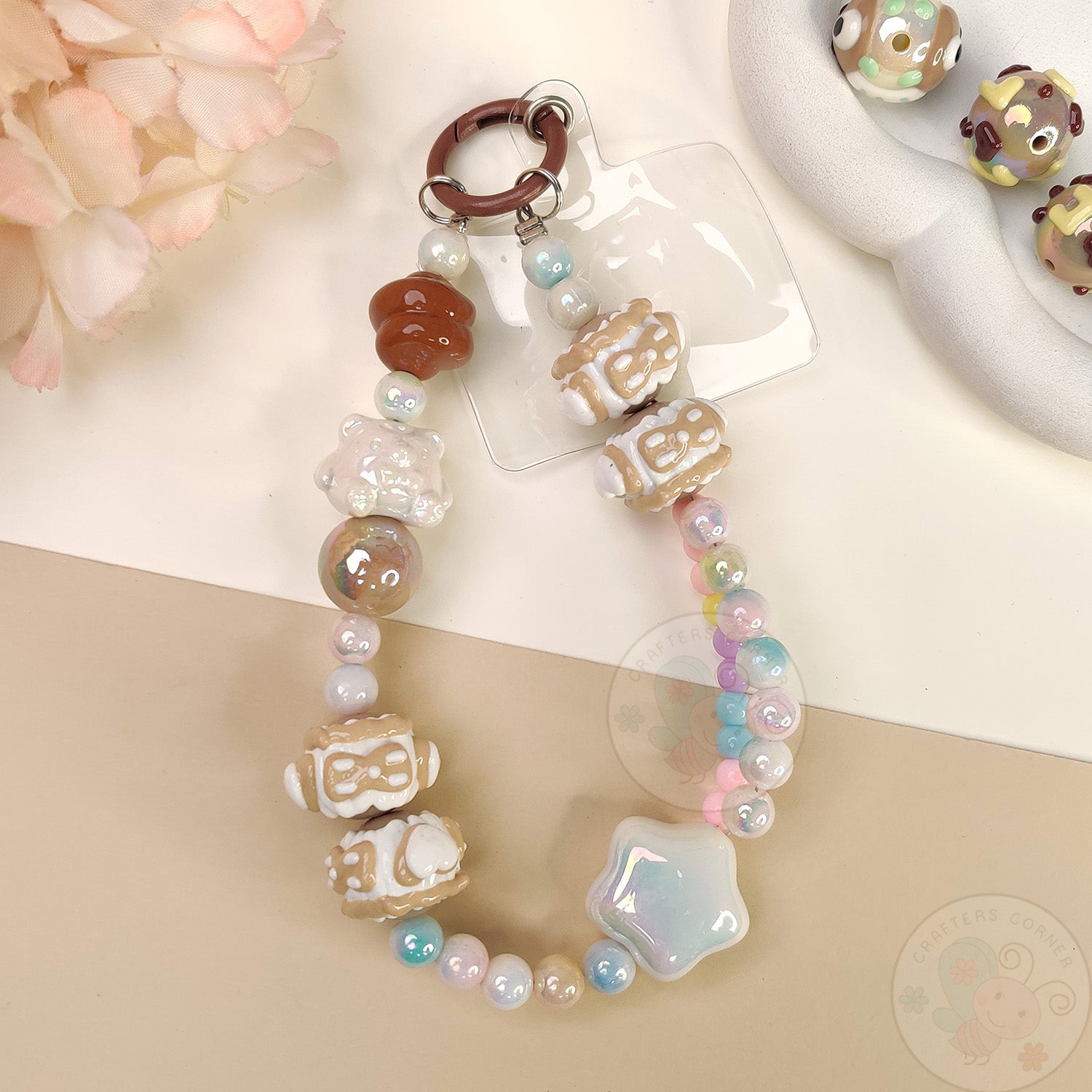 Handmade Kawaii Mobile Charm - Brown Starry Bear