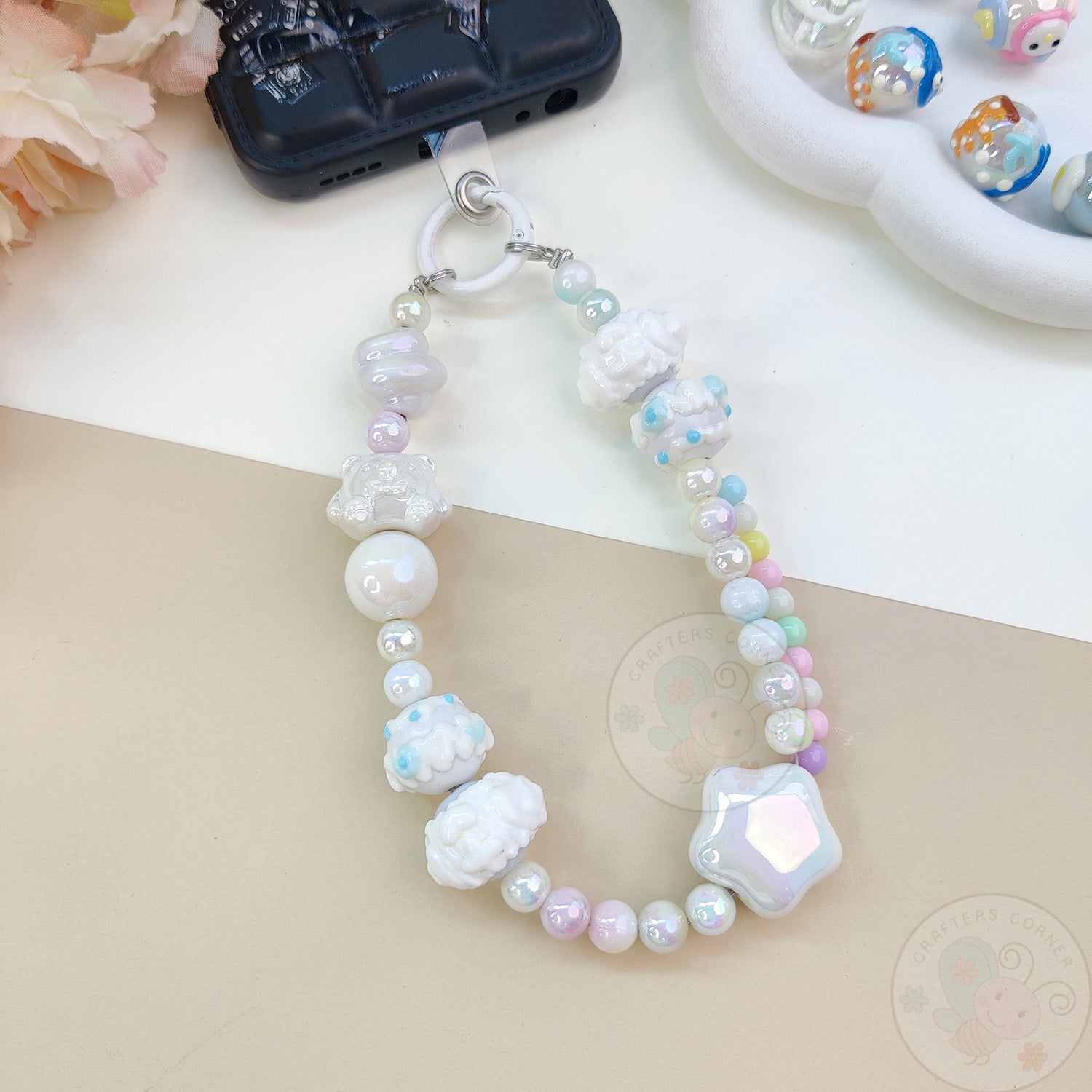 Handmade Kawaii Mobile Charm - White Starry Bear