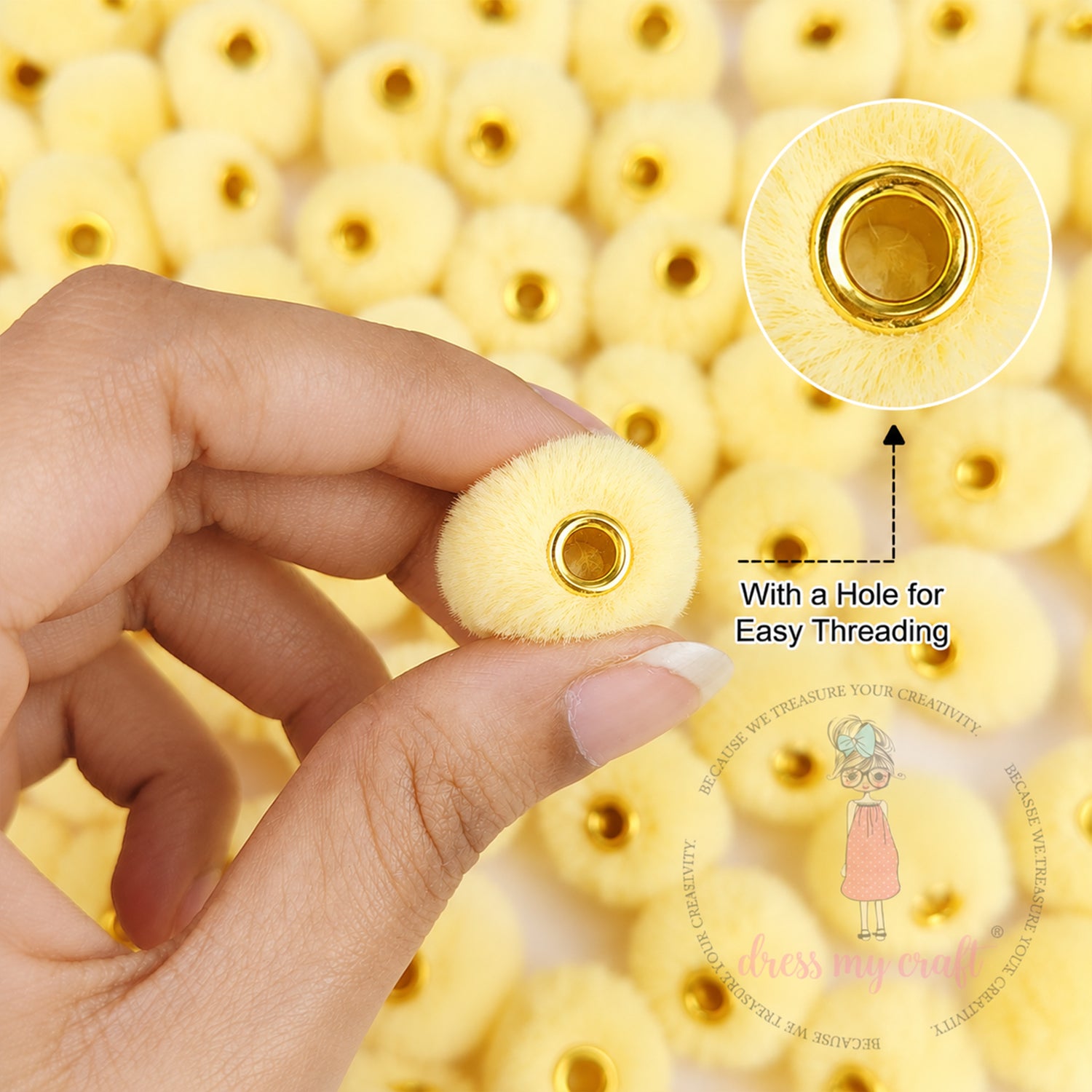 Bead Pom Poms With Hole - Butter Yellow