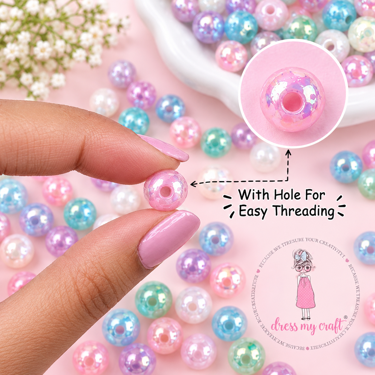Holographic Pearly Beads - 50 Gms, 6 MM