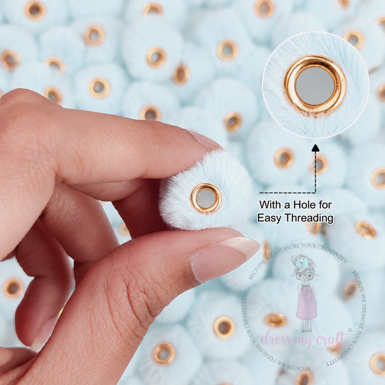Bead Pom Poms With Hole - Sky Blue