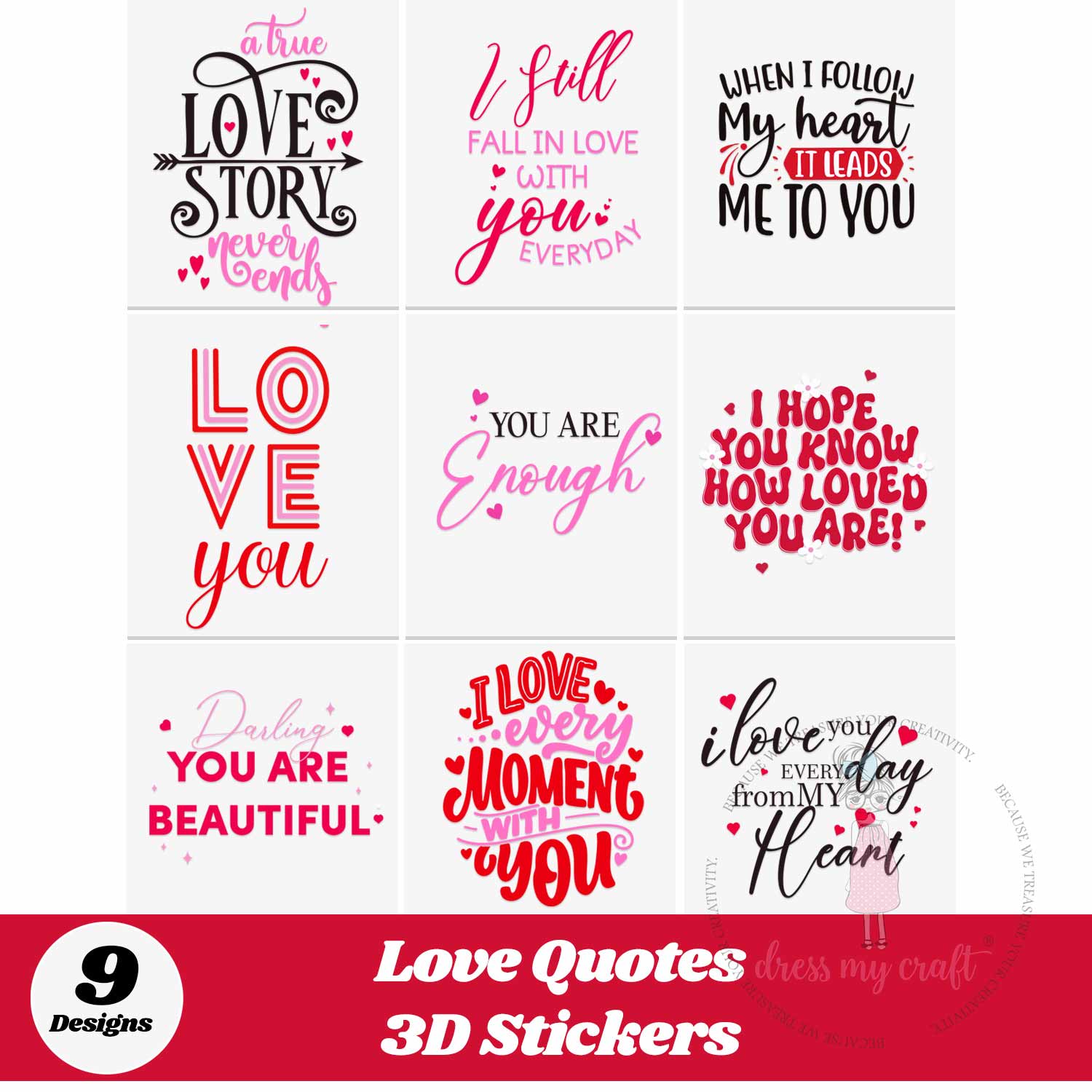 Love Quotes 3D Sticker Sheet