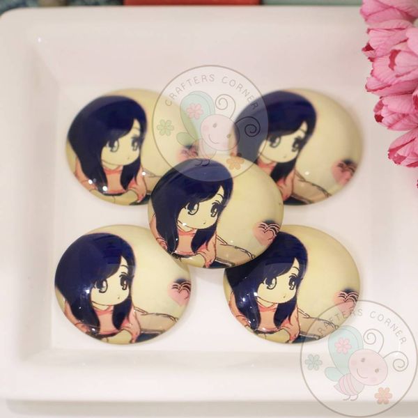 Round Glass Cabochon - Girl with Heart